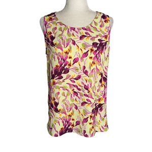 Halogen Sleeveless Tank Top Shell M Cream Purple Floral Round Neck Curved Hem